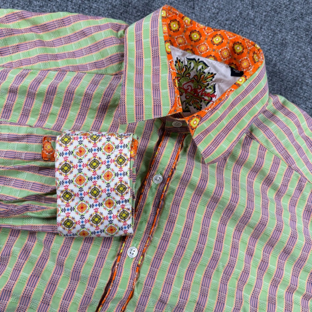 Robert Graham Button Down Shirt Mens XL Green Striped Long Sleeve Flip Cuff